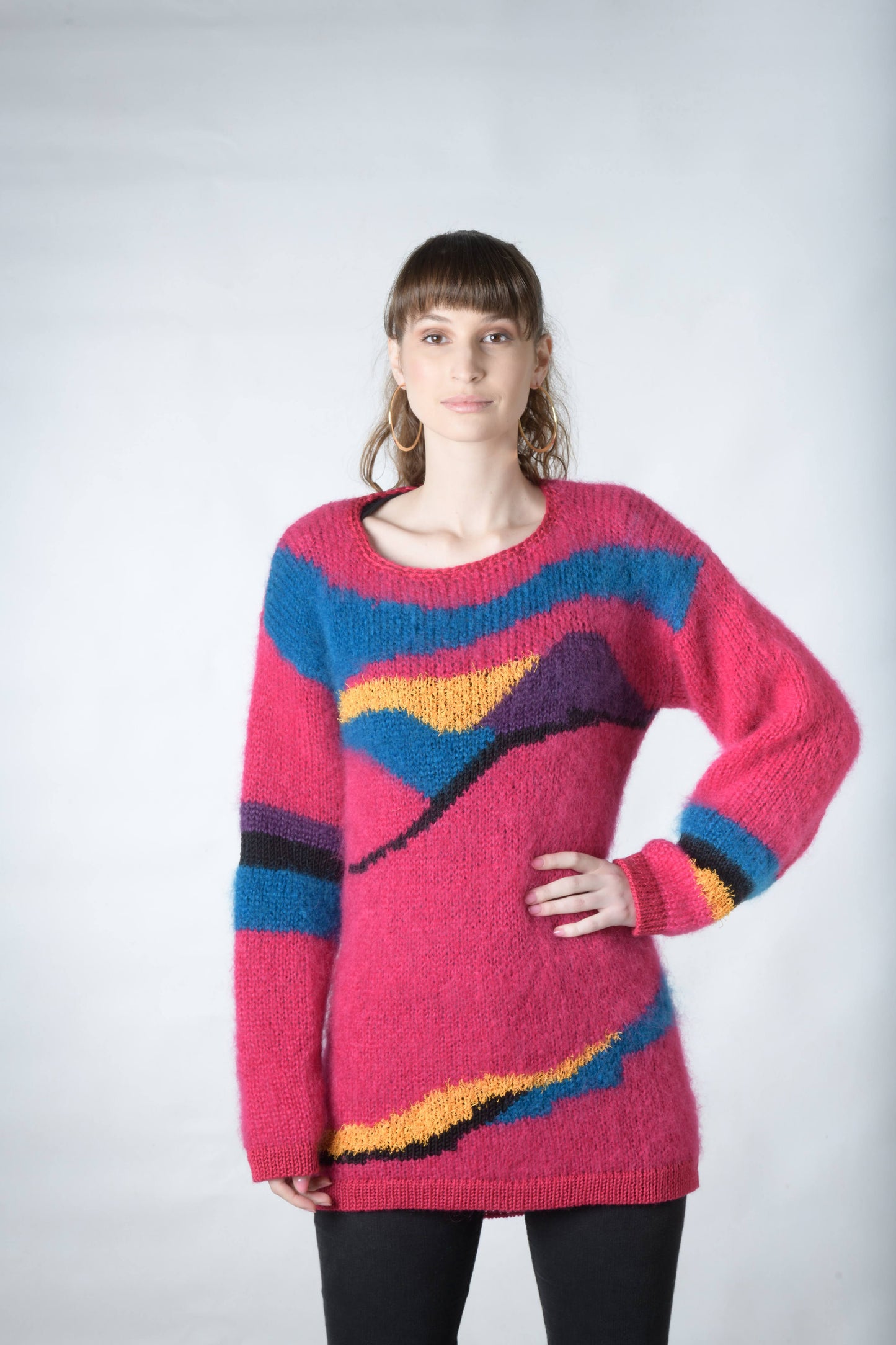 Pink mohair sweater with swirls